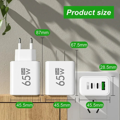 65W Gan Charger USB PD Type C Fast Charging 3 Ports Phone Adapter QC3.0 for Iphone 15 Pro Max Samsung Galaxy S23 Xiaomi Huawei