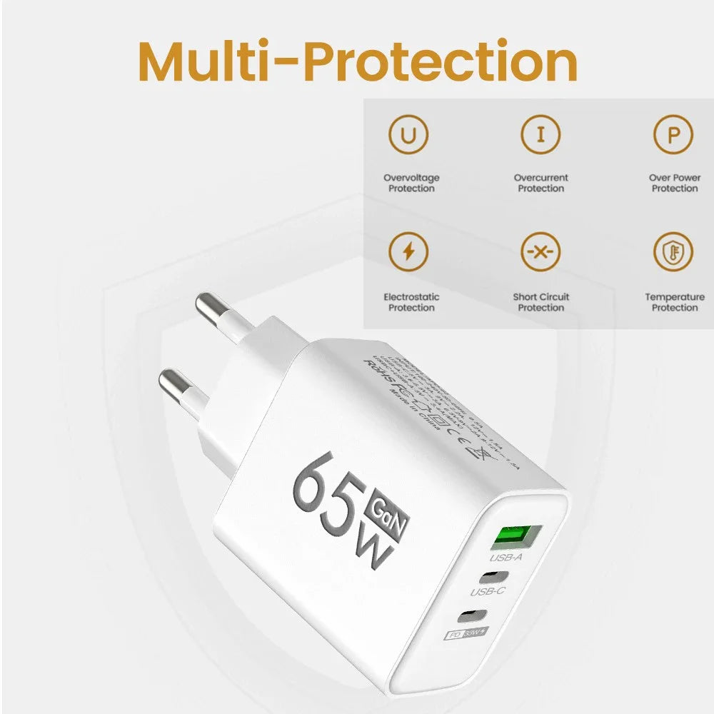 65W Gan Fast Charging USB PD Type-C Multi-Port Mobile Phone Adapter for Iphone 15 Pro Max Samsung Xiaomi Huawei Compact High-S
